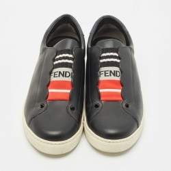 Pre Owned Fendi Black/Blue Leather Logo Knit Rockoko Scallop Detail Slip On Sneakers Size 39