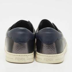 Pre Owned Fendi Black/Blue Leather Logo Knit Rockoko Scallop Detail Slip On Sneakers Size 39