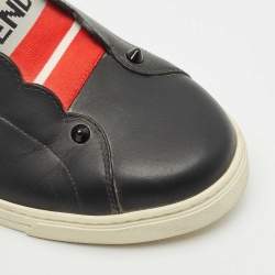 Pre Owned Fendi Black/Blue Leather Logo Knit Rockoko Scallop Detail Slip On Sneakers Size 39