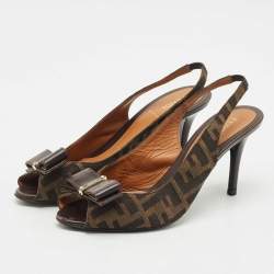 Pre Owned حذاء كعب عالي فندي فنيدستا قماش زوكا تبغ مقدمة مفتوحة وحزام خلفي نعل سميك مقاس 39