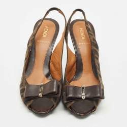 Pre Owned حذاء كعب عالي فندي فنيدستا قماش زوكا تبغ مقدمة مفتوحة وحزام خلفي نعل سميك مقاس 39