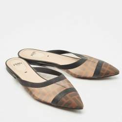 Pre Owned Fendi Tobacco FF Logo Print Mesh Colibri Pointed Toe Flat Mules Size 36