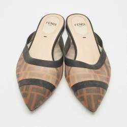 Pre Owned Fendi Tobacco FF Logo Print Mesh Colibri Pointed Toe Flat Mules Size 36