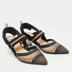 مملوكة مسبقًا Fendi Brown/Black Zucca Mesh and Fabric Colibri Slingback Sandals Size 37