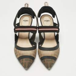 Pre Owned Fendi Brown/Black Zucca Mesh and Canvas Colibri Slingback Pumps Size 39