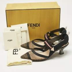 Pre Owned Fendi Brown/Black Zucca Mesh and Canvas Colibri Slingback Pumps Size 39