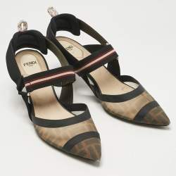 Pre Owned Fendi Brown/Black Zucca Mesh and Canvas Colibri Slingback Pumps Size 39