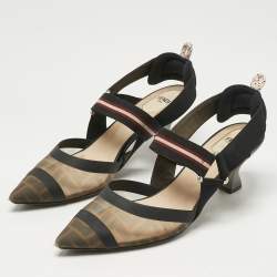Pre Owned Fendi Brown/Black Zucca Mesh and Canvas Colibri Slingback Pumps Size 39