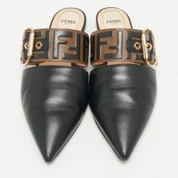 Pre Owned Fendi Black/Brown Leather FF Logo Buckle Mules Size 38