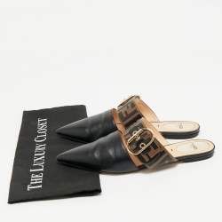 Pre Owned Fendi Black/Brown Leather FF Logo Buckle Mules Size 38