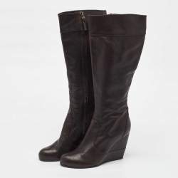 Pre Owned Fendi Dark Brown Leather Knee Length Wedge Boots Size 39