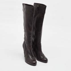 Pre Owned Fendi Dark Brown Leather Knee Length Wedge Boots Size 39