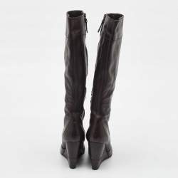 Pre Owned Fendi Dark Brown Leather Knee Length Wedge Boots Size 39