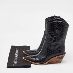 Pre Owned Fendi Black Croc Embossed Leather Mid Calf Cowboy Boots Size 36.5