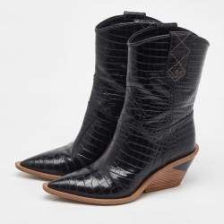 Pre Owned Fendi Black Croc Embossed Leather Mid Calf Cowboy Boots Size 36.5
