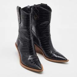 Pre Owned Fendi Black Croc Embossed Leather Mid Calf Cowboy Boots Size 36.5