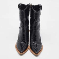 Pre Owned Fendi Black Croc Embossed Leather Mid Calf Cowboy Boots Size 36.5