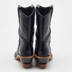 Pre Owned Fendi Black Croc Embossed Leather Mid Calf Cowboy Boots Size 36.5