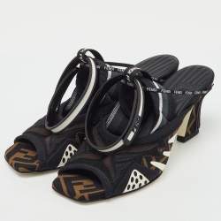 Pre Owned Fendi Black/Brown FF Neoprene and Mesh Freedom Patchwork Slingback Sandals Size 36