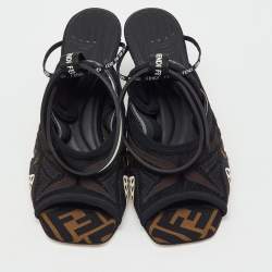 Pre Owned Fendi Black/Brown FF Neoprene and Mesh Freedom Patchwork Slingback Sandals Size 36