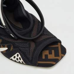 Pre Owned Fendi Black/Brown FF Neoprene and Mesh Freedom Patchwork Slingback Sandals Size 36