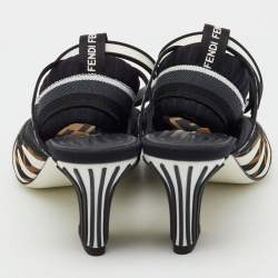 Pre Owned Fendi Black/Brown FF Neoprene and Mesh Freedom Patchwork Slingback Sandals Size 36