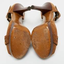 مملوكة مسبقًا صندل فندي جلد وسويدي بني/أزرق نعل سميك سير كاحل حرف تي مقاس 38