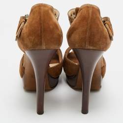 مملوكة مسبقًا صندل فندي جلد وسويدي بني/أزرق نعل سميك سير كاحل حرف تي مقاس 38