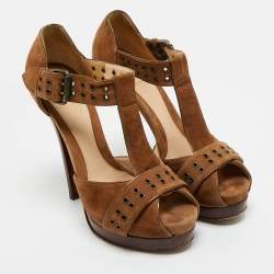 مملوكة مسبقًا صندل فندي جلد وسويدي بني/أزرق نعل سميك سير كاحل حرف تي مقاس 38