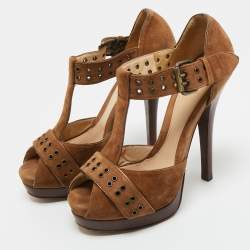 مملوكة مسبقًا صندل فندي جلد وسويدي بني/أزرق نعل سميك سير كاحل حرف تي مقاس 38