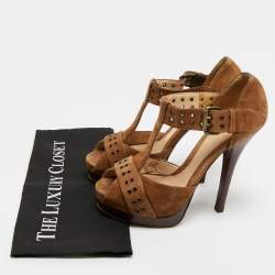 مملوكة مسبقًا صندل فندي جلد وسويدي بني/أزرق نعل سميك سير كاحل حرف تي مقاس 38