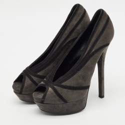 Pre Owned Fendi Dark Grey Suede Peep Toe Platform Pumps Size 39