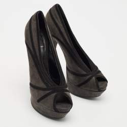 Pre Owned Fendi Dark Grey Suede Peep Toe Platform Pumps Size 39
