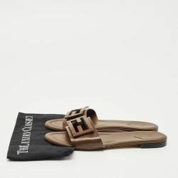 Pre Owned Fendi Dark Brown Leather Logo Flat Slide Sandals Size 41
