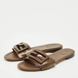 Pre Owned Fendi Dark Brown Leather Logo Flat Slide Sandals Size 41