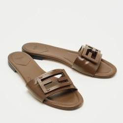 Pre Owned Fendi Dark Brown Leather Logo Flat Slide Sandals Size 41