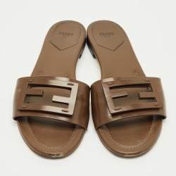 Pre Owned Fendi Dark Brown Leather Logo Flat Slide Sandals Size 41