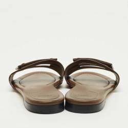 Pre Owned Fendi Dark Brown Leather Logo Flat Slide Sandals Size 41