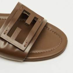 Pre Owned Fendi Dark Brown Leather Logo Flat Slide Sandals Size 41