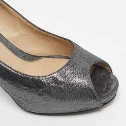 Pre Owned Fendi Silver Texture Suede Peep Toe Platform Pumps Size 38.5