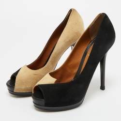 Pre Owned Fendi Black/Beige Suede Fendista Peep Toe Pumps Size 39
