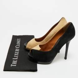 Pre Owned Fendi Black/Beige Suede Fendista Peep Toe Pumps Size 39