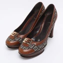 Pre Owned Fendi Brown Zucca Canvas and Leather Platform Pumps Size 40