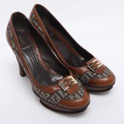 Pre Owned Fendi Brown Zucca Canvas and Leather Platform Pumps Size 40