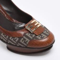 Pre Owned Fendi Brown Zucca Canvas and Leather Platform Pumps Size 40