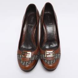 Pre Owned Fendi Brown Zucca Canvas and Leather Platform Pumps Size 40
