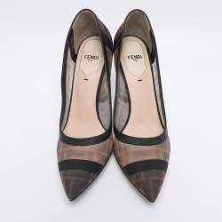 Pre Owned Fendi Brown/Black Zucca Mesh and Leather Colibri Pumps Size 38