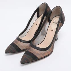 Pre Owned Fendi Brown/Black Zucca Mesh and Leather Colibri Pumps Size 38