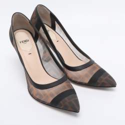 Pre Owned Fendi Brown/Black Zucca Mesh and Leather Colibri Pumps Size 38