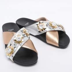 Pre Owned Fendi Gold/Silver Leather Crisscross Flowerland Slide Flats Size 36